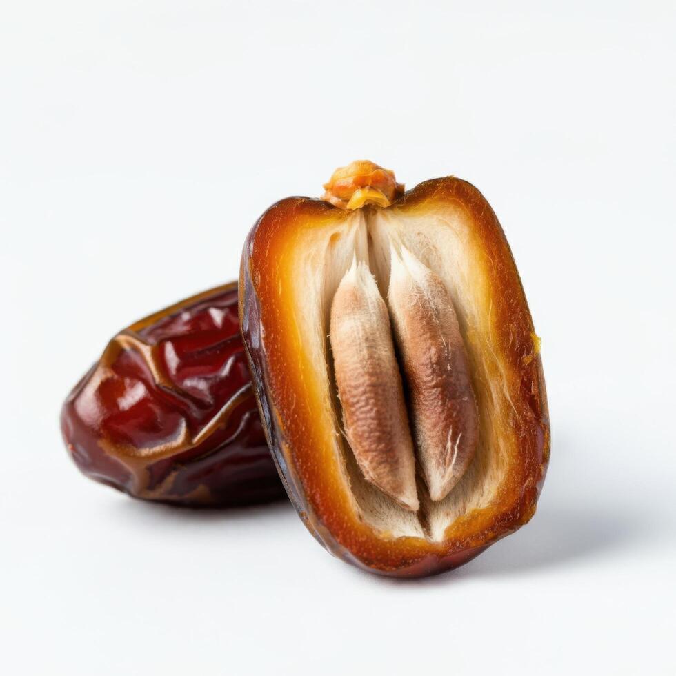 Hearty half slice fresh juicy dates fruit on white background for nourishing family gatherings photo