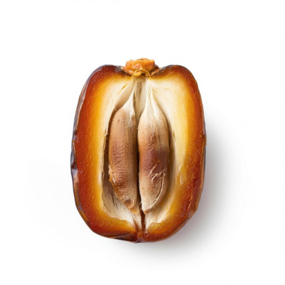 Tempting half slice fresh juicy dates fruit on white background for indulgent dessert displays photo