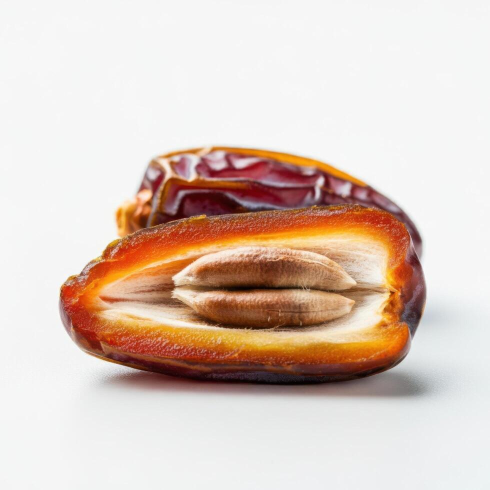 Delicious half slice fresh juicy dates fruit on white background for appetizing snack ideas photo