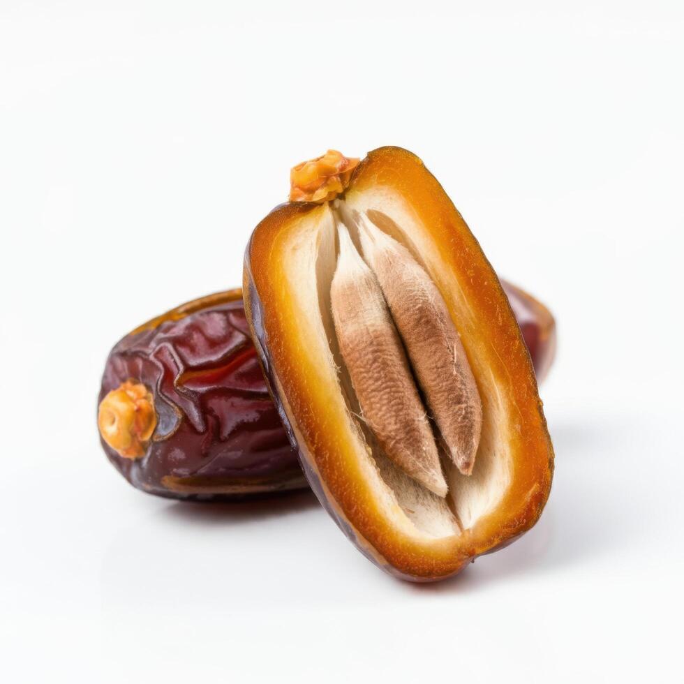half slice fresh juicy dates fruit on white background for transparent food overlays photo