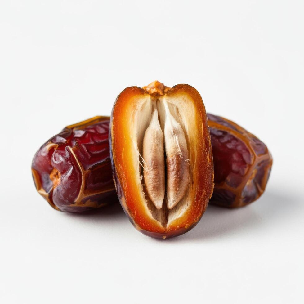 Wholesome half slice fresh juicy dates fruit on white background for nutritious meal prep ideas photo