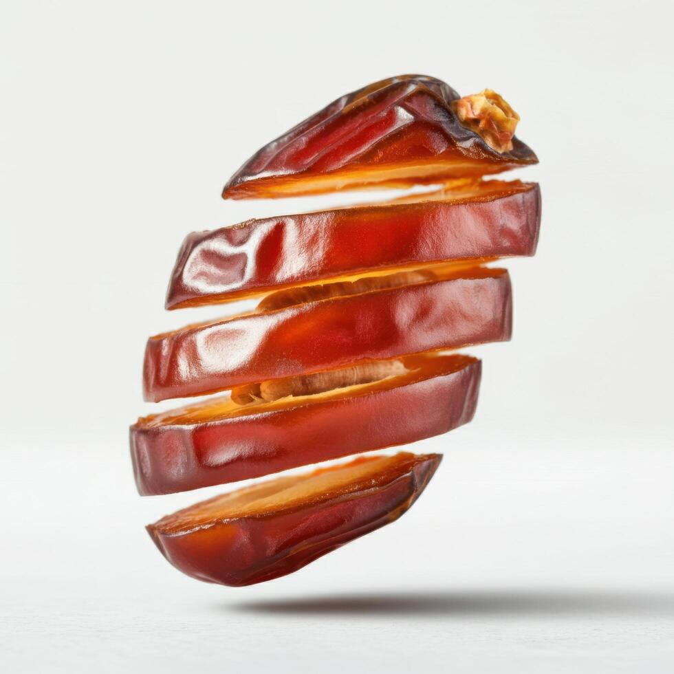 Delightful half slice fresh juicy dates fruit on white background for festive holiday spreads photo