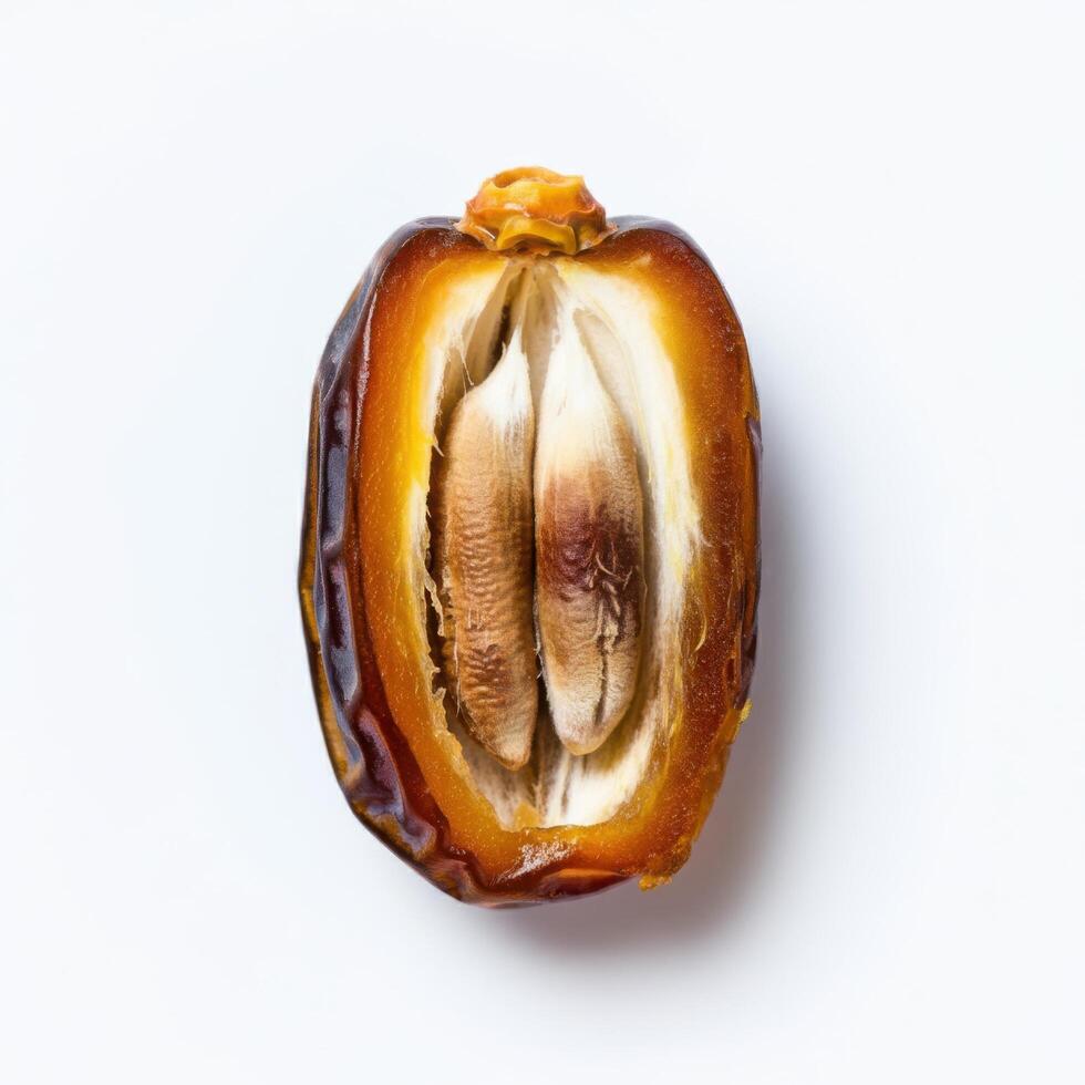 Half slice fresh juicy dates fruit beautifully arranged on white background for engaging social media posts photo
