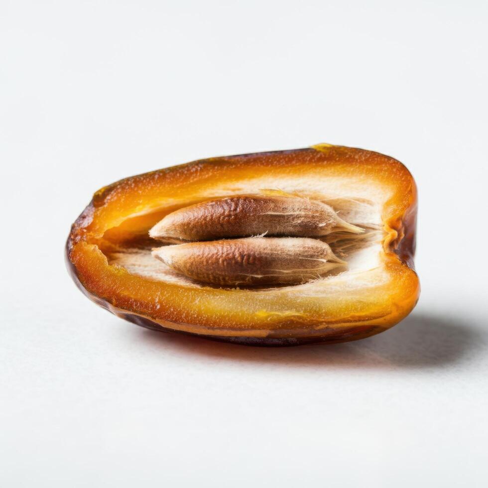 Inviting half slice fresh juicy dates fruit on white background for cozy winter food themes photo