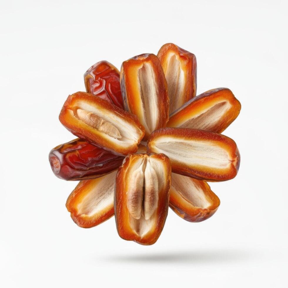 Delectable half slice fresh juicy dates fruit on white background for sophisticated recipe books photo