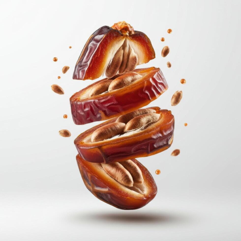 Fresh slice of dates fruit naturally arranged on white background for wholesome health-conscious recipes photo