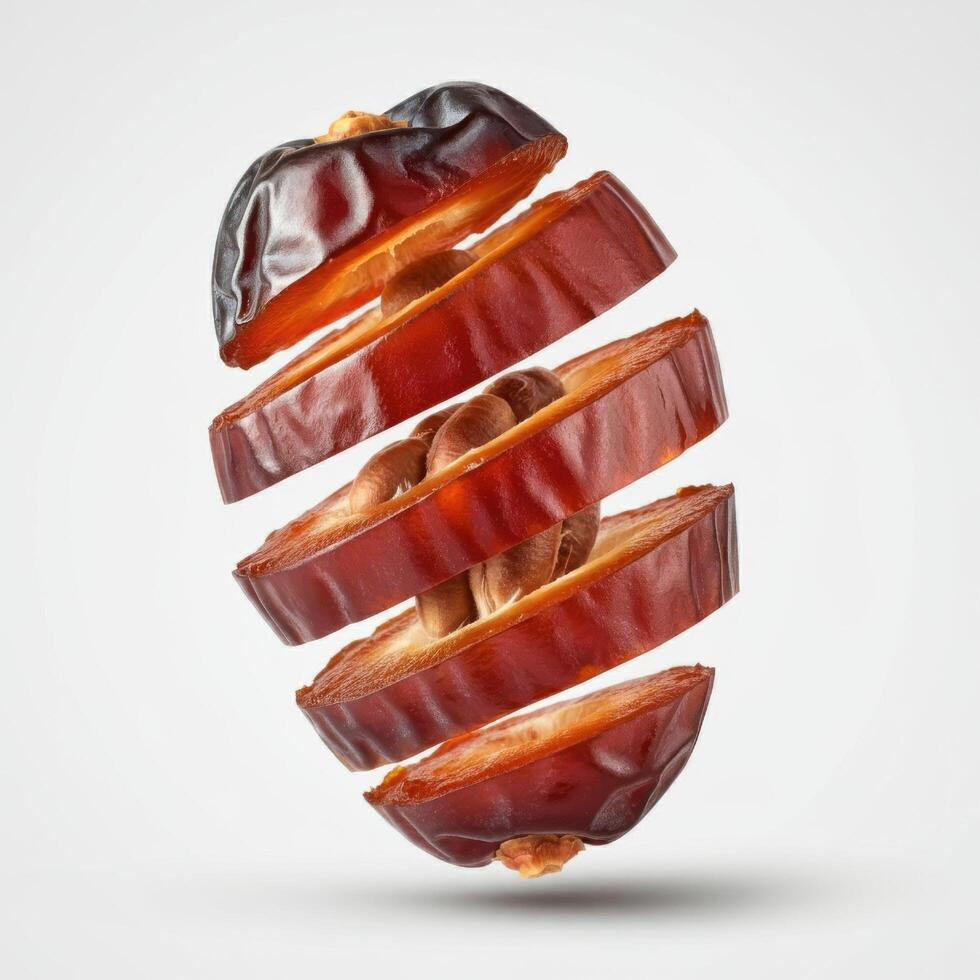 Premium fresh slice of dates fruit showcased on white background for high-end culinary uses photo