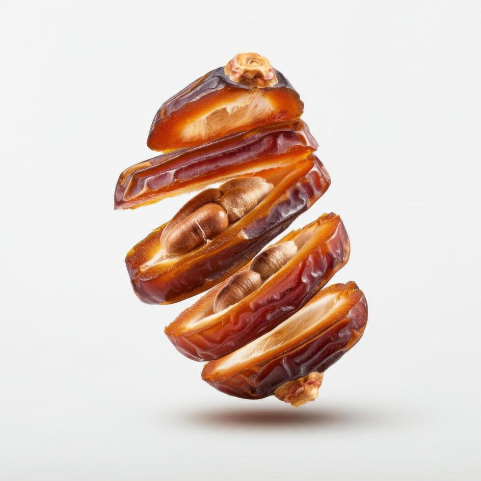 Organic fresh slice of dates fruit arranged on white background for wholesome food concepts photo