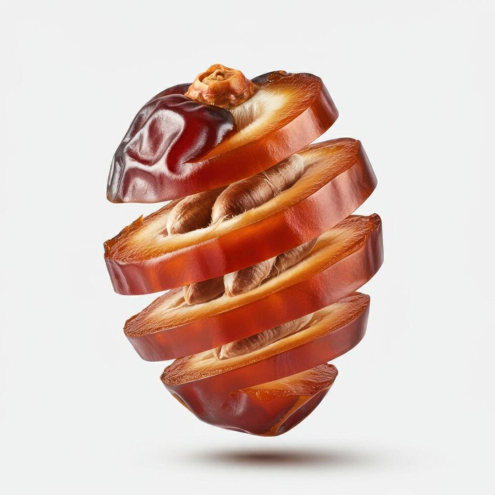 Luscious fresh slice of dates fruit highlighted on white background for vibrant food displays photo