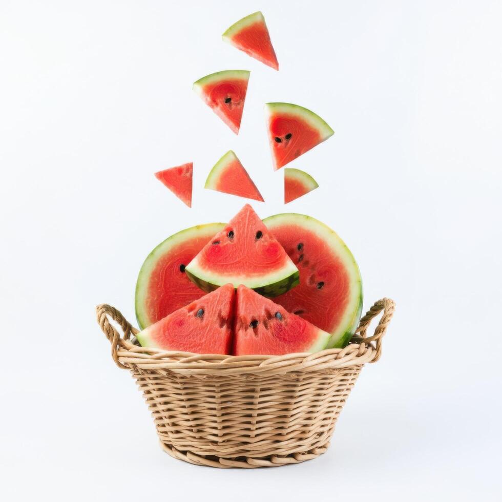 Vibrant Watermelon Slice Suspended in Air Over a Basket of Fresh Produce photo