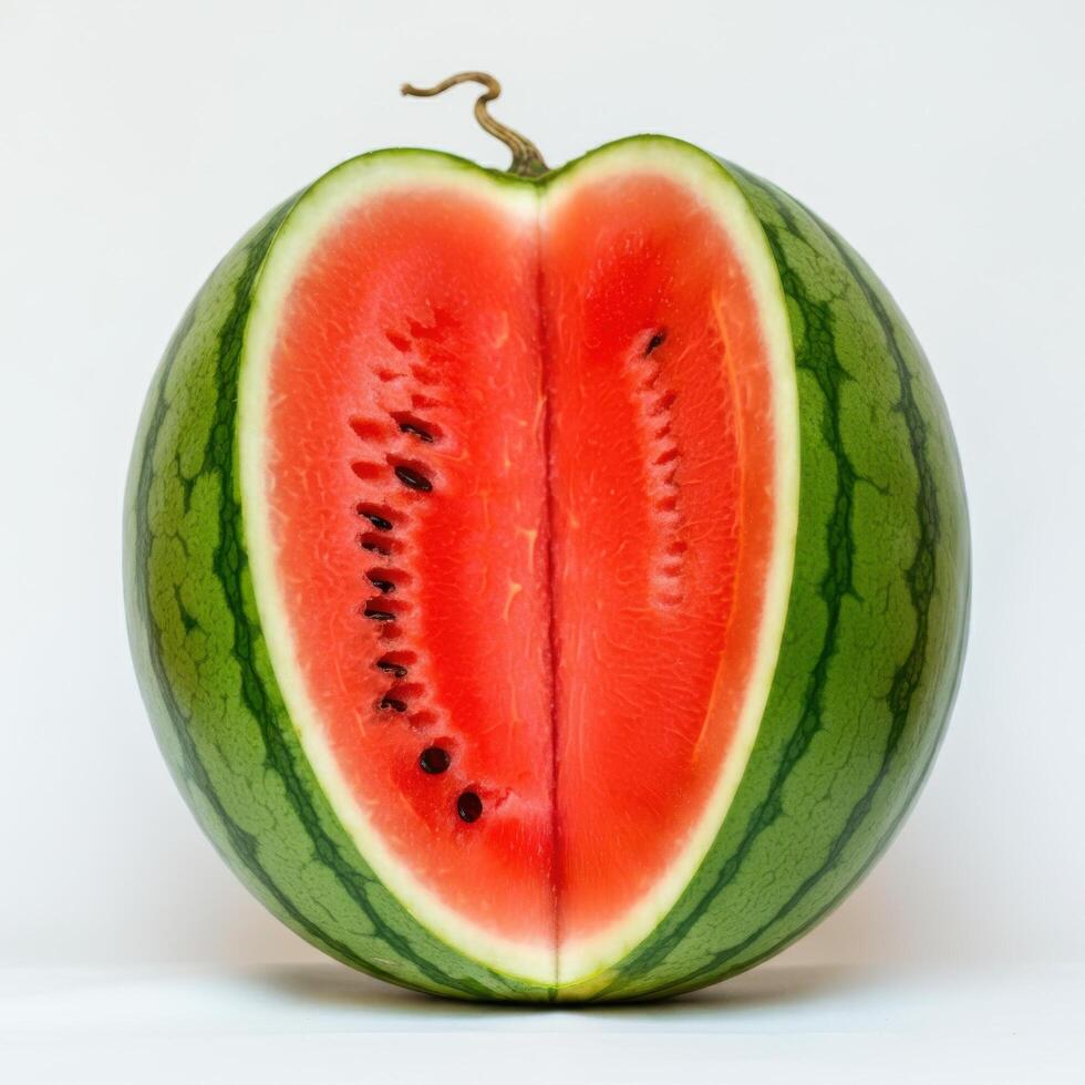 Fresh Half-Cut Watermelon with Juicy Flesh on White Background photo