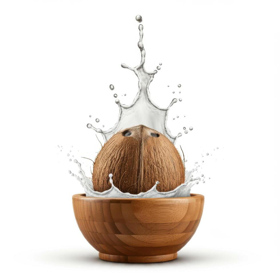 Organic Fresh Coconut in Wooden Bowl for Healthy Eating Concept photo