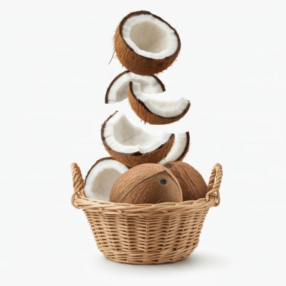 Coconut Slices Neatly Arranged in Basket on White photo