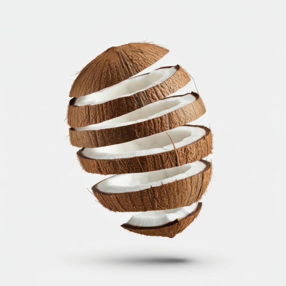 Freshly Sliced Coconut Displayed on Pure White Background photo