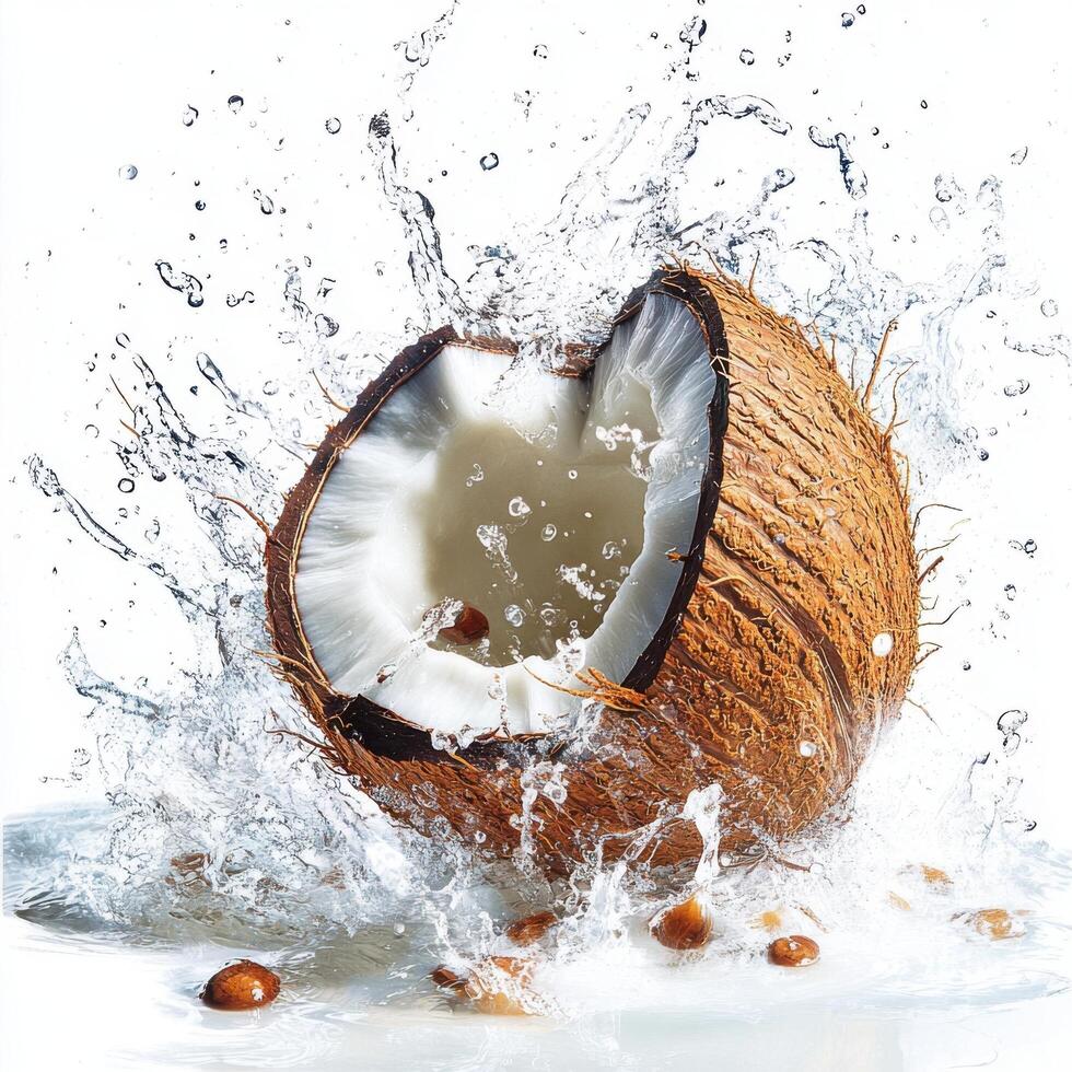 Fresh Coconut Slice with Water Droplets on White Base photo