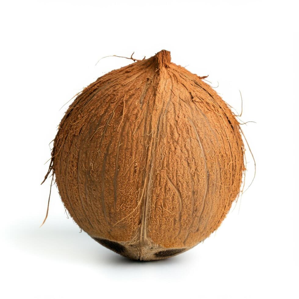 Fresh whole coconut placed on a white surface. photo