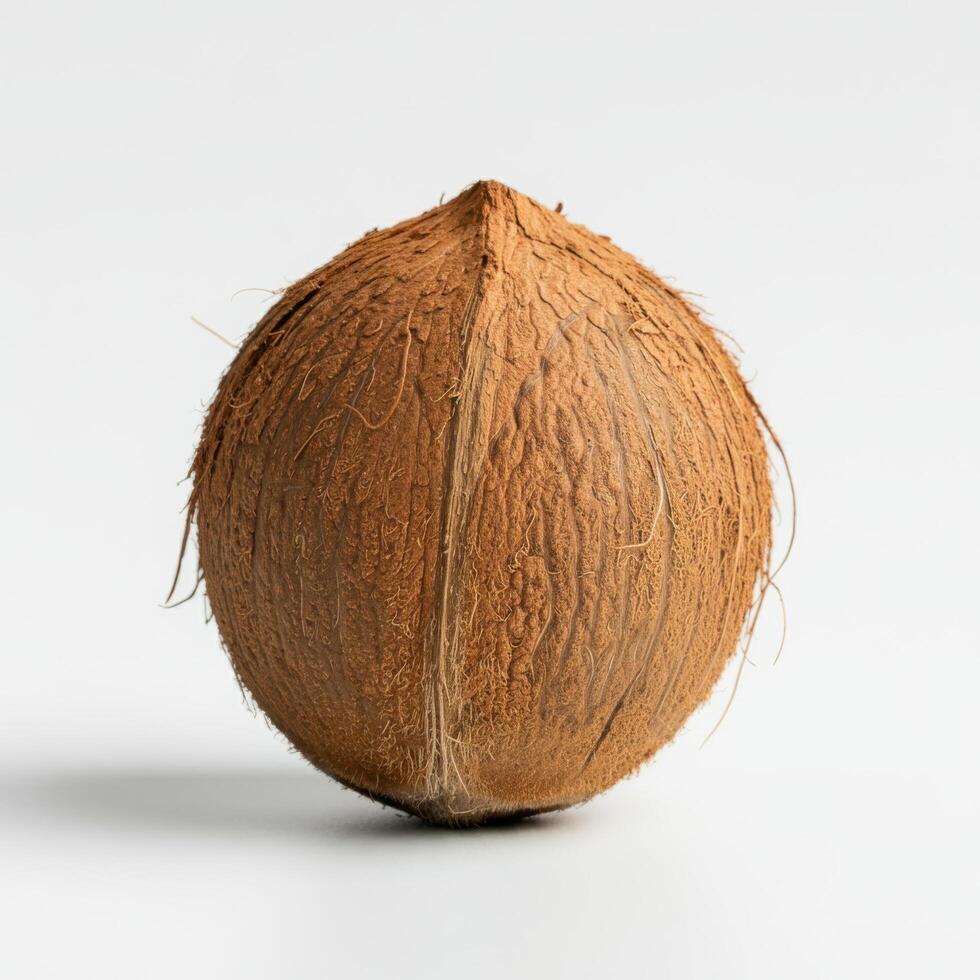 A whole fresh coconut on a white backdrop. photo