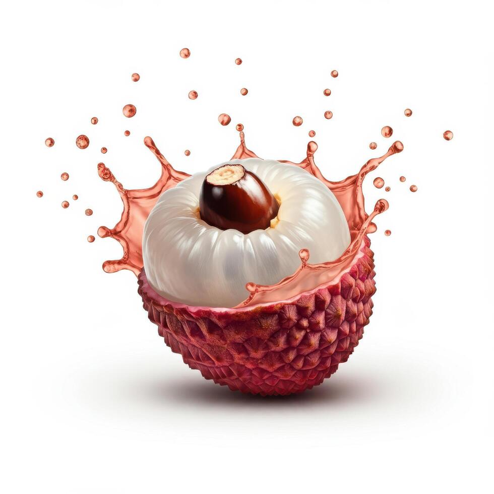 Fresh Lychee Fruit Bursting Open with Splash Effect Water Droplets photo