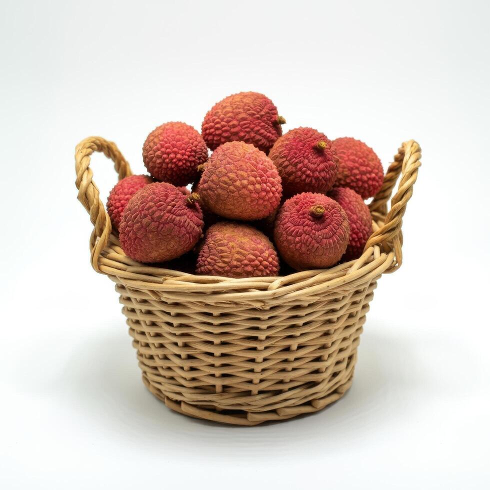 Whole fresh lychee spilling from a basket on a bright white background, emphasizing its fresh appearance and juiciness photo