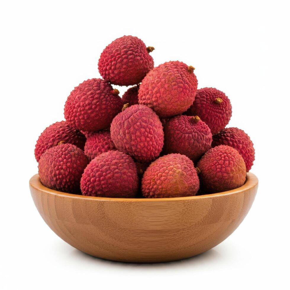 Whole fresh lychee spilling from a wooden bowl onto a white background, capturing its juiciness and texture photo