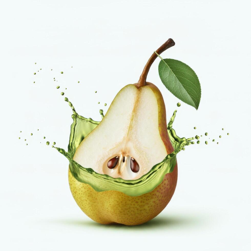 Wholesome pear fruit bursting with splash in golden hour photo