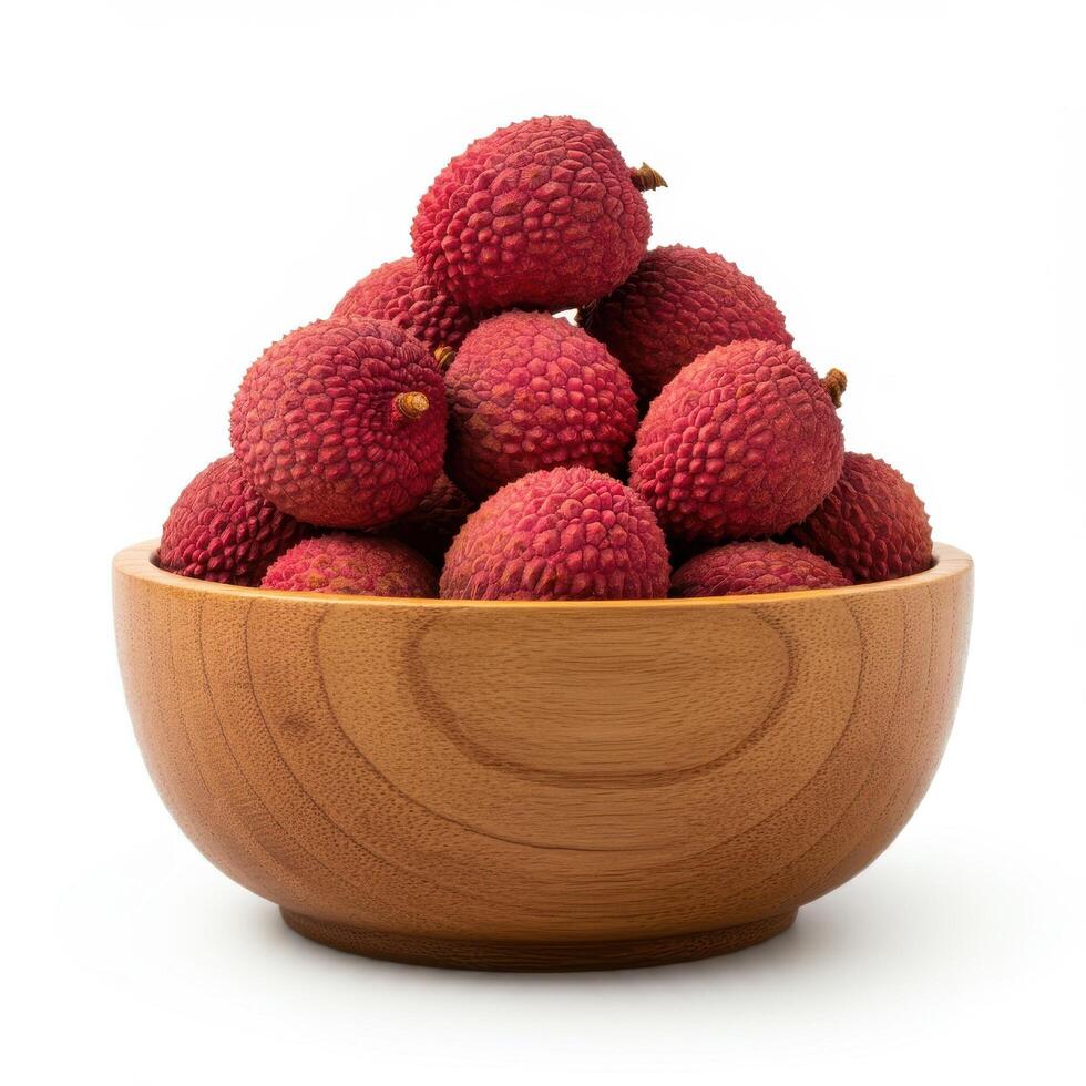 Whole fresh lychee spilling from a wooden bowl on a clean white background, emphasizing its vibrant texture and juiciness photo