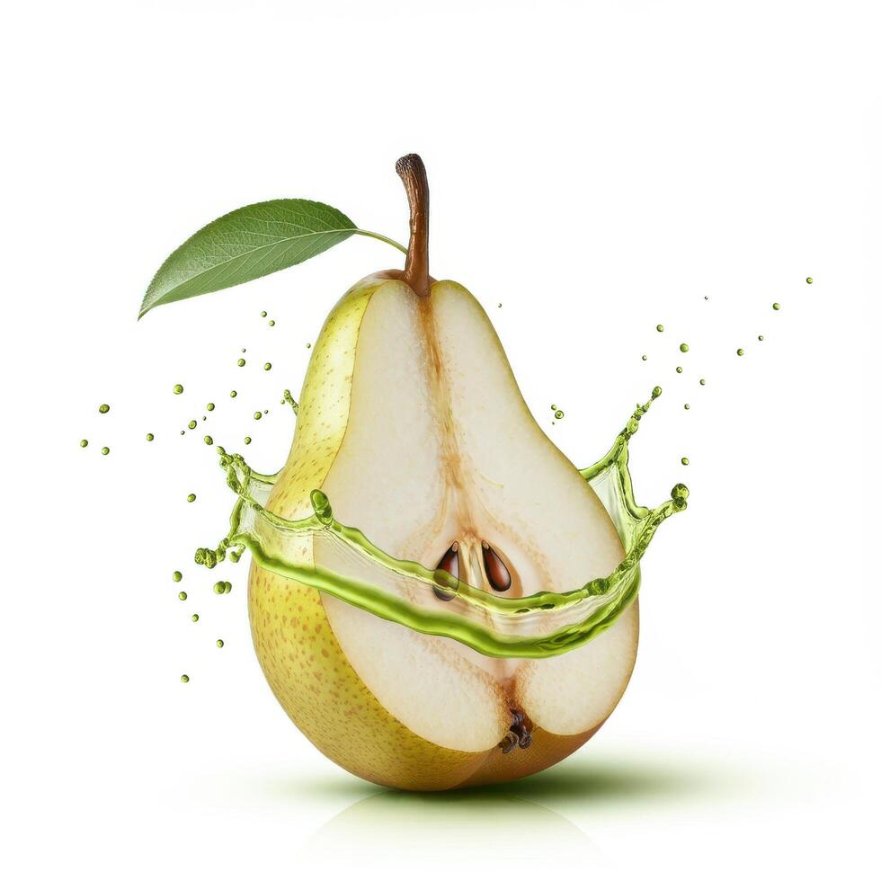 Ripe pear fruit splitting open with a splash of water droplets photo