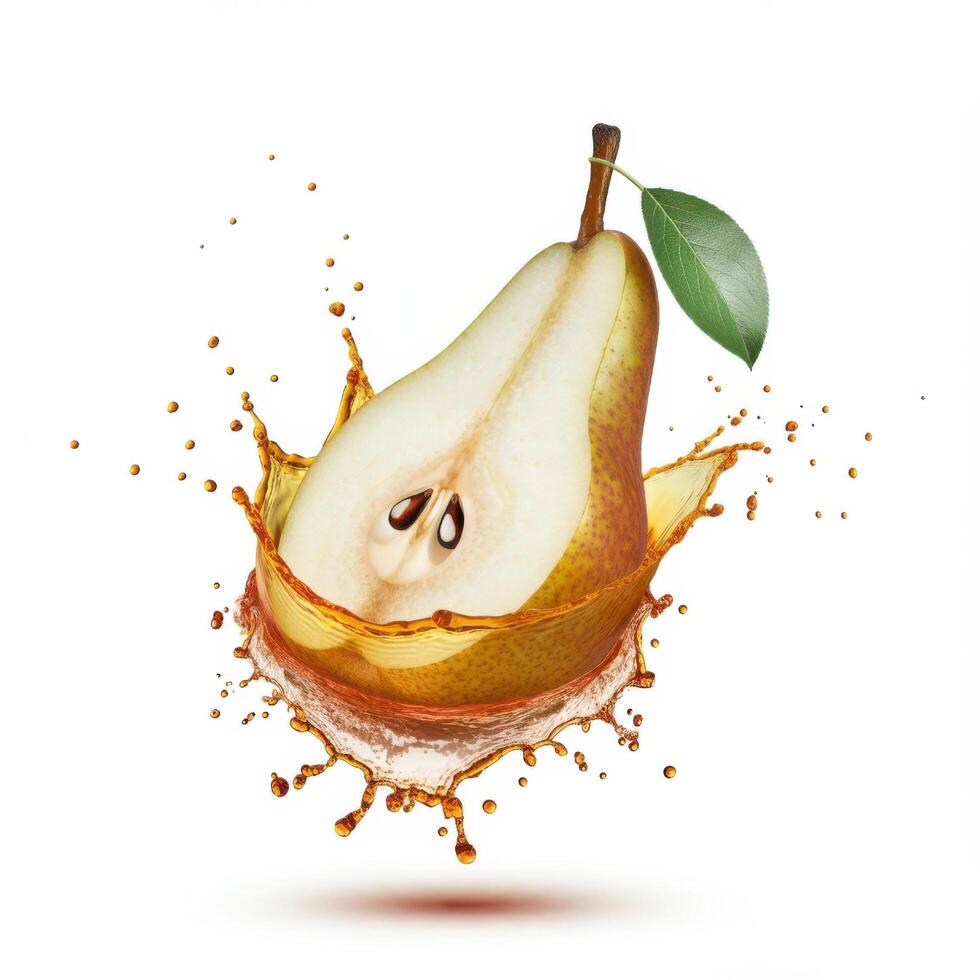 Closeup of pear fruit bursting with splash in soft lighting photo