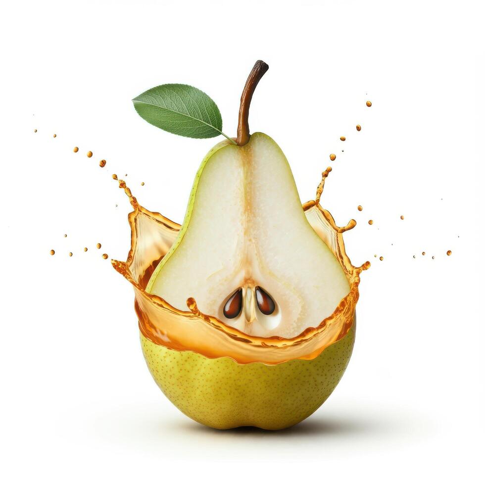 Modern pear fruit bursting with splash in sleek composition photo