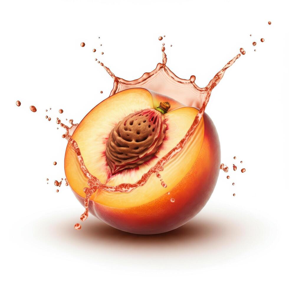 Juicy peach fruit bursting open with a splash for product labels and packaging photo