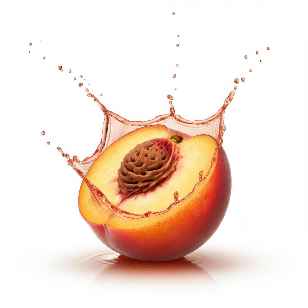 Studio shot of a peach bursting open with a splash of juice on white background photo