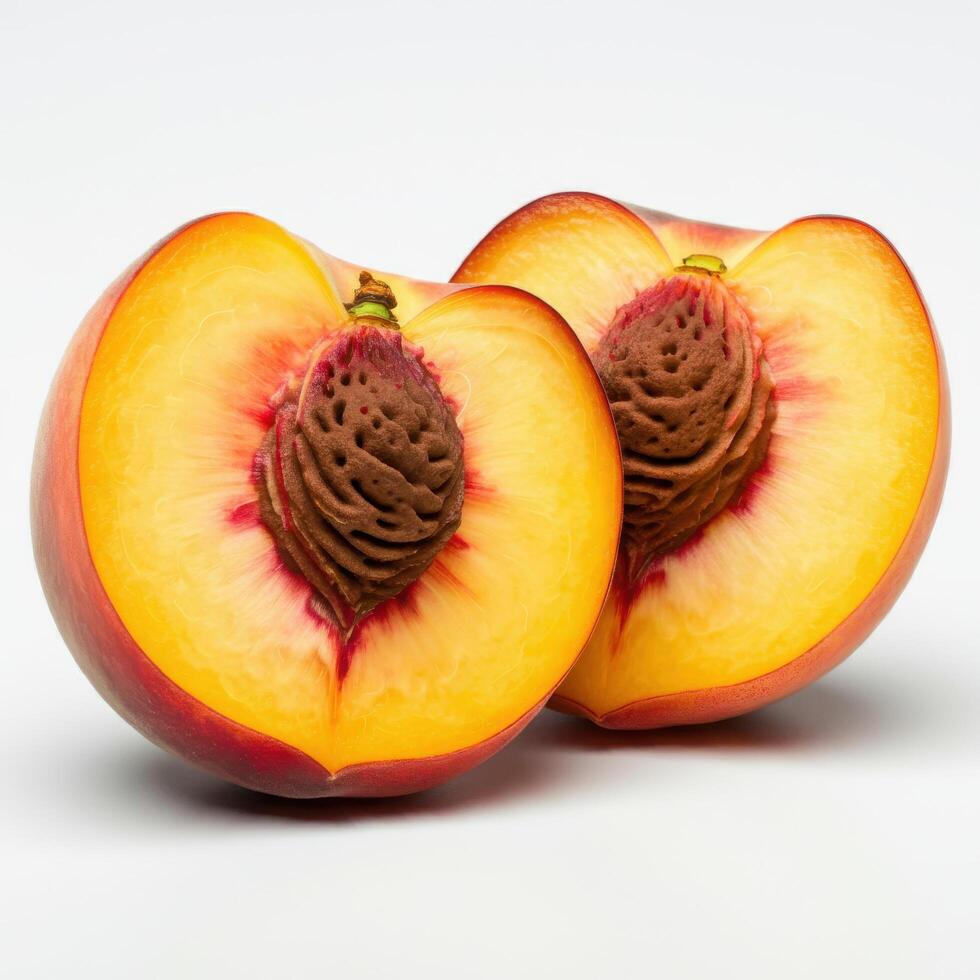 Half slice of fresh peach fruit on white background for engaging social media posts photo