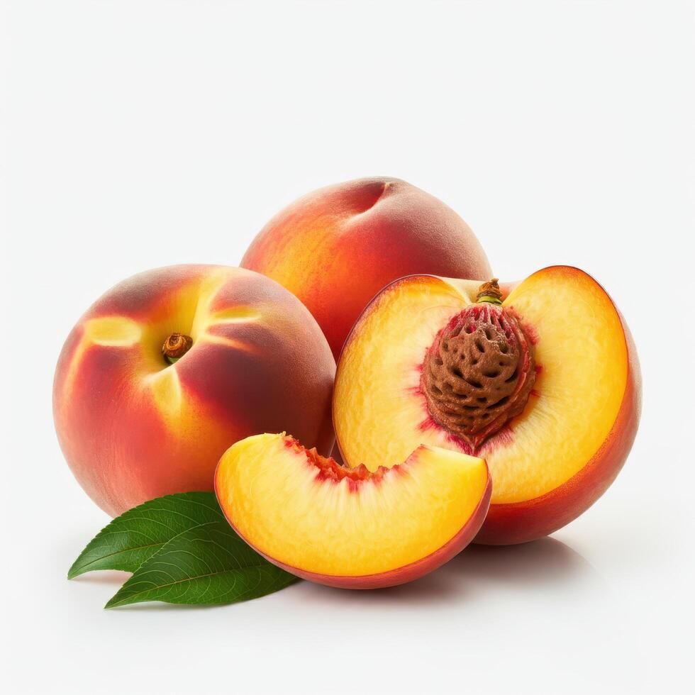 Juicy Peach Slice With Leaf On White Background For Healthy Lifestyle And Diet Concept photo