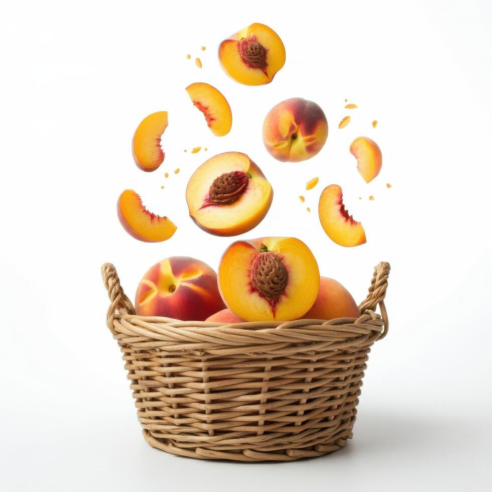 Whole and half slices of peaches overflowing in a basket for engaging social media posts photo