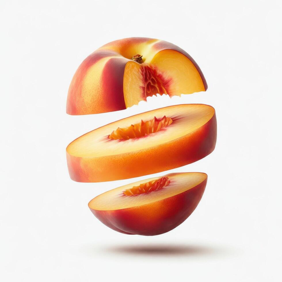 Fresh peach slices with a leaf on a white background. photo
