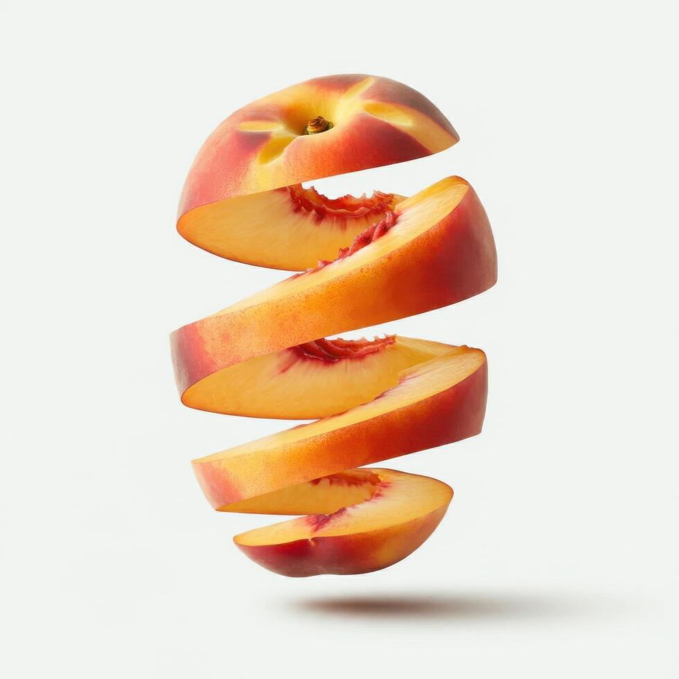 Sliced peach fruit with a single green leaf on a white surface. photo