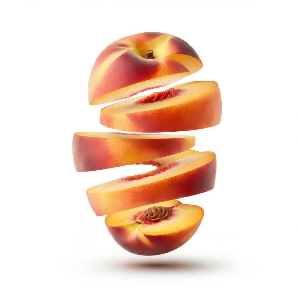 Peach slices with a leaf, placed on a bright white surface. photo