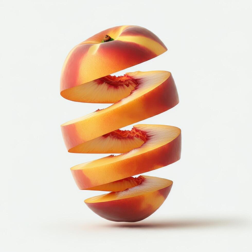 Fresh peach slices arranged with a leaf on a white backdrop. photo