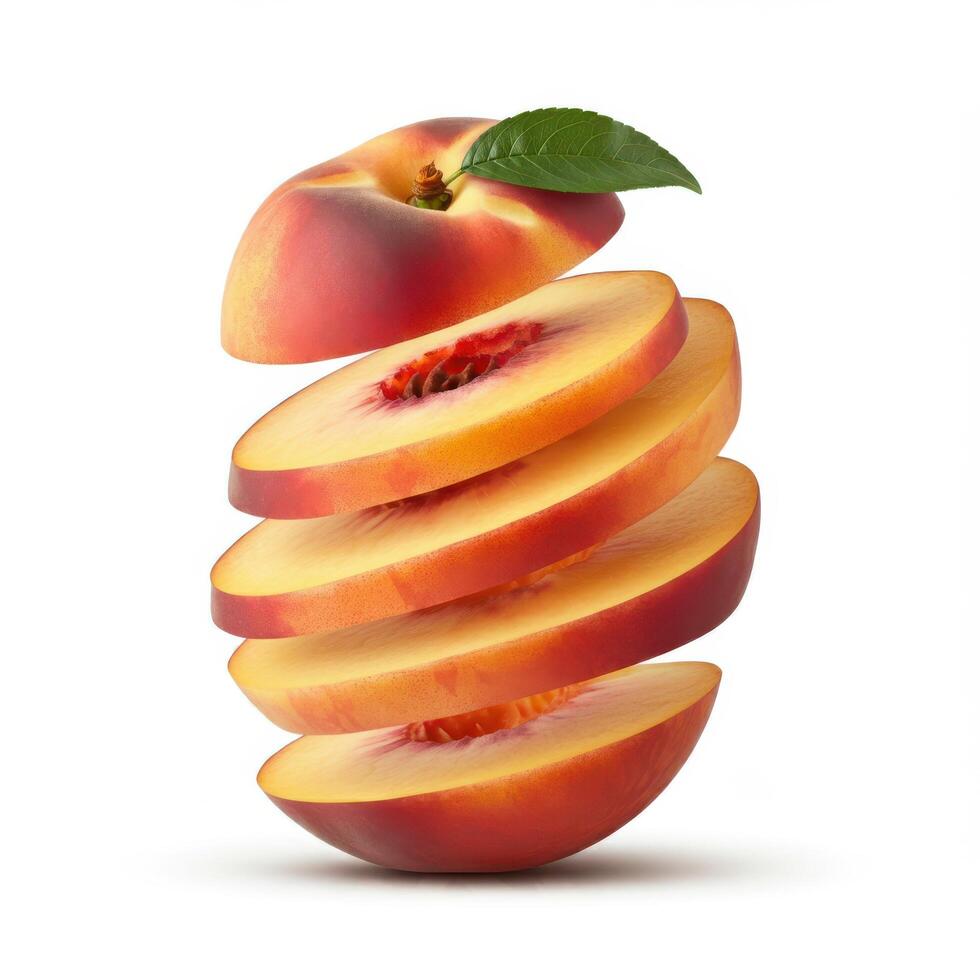 Peach slices with leaf on white background for fresh and inviting food visuals photo