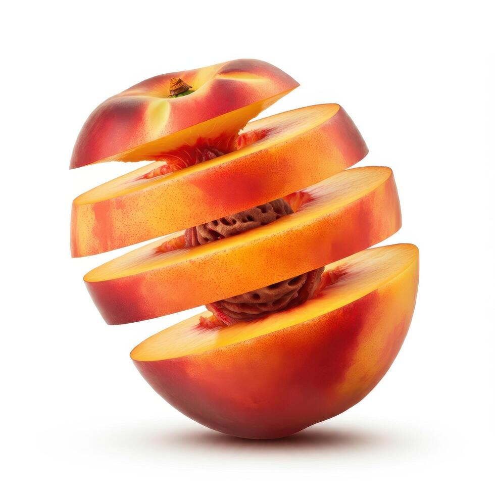 Sliced peach fruit with a green leaf set against a white backdrop. photo