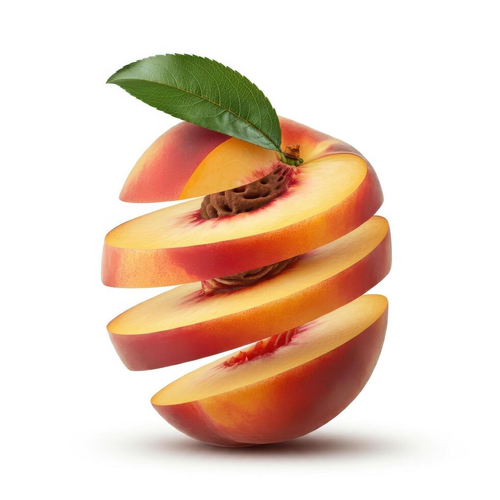 Peach slices with leaf on white background for creative culinary presentations photo