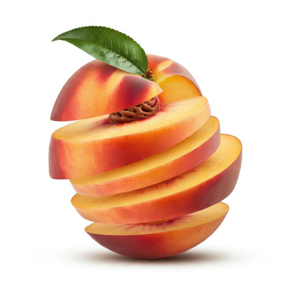 Peach slices with leaf on white background for trendy food content creation photo