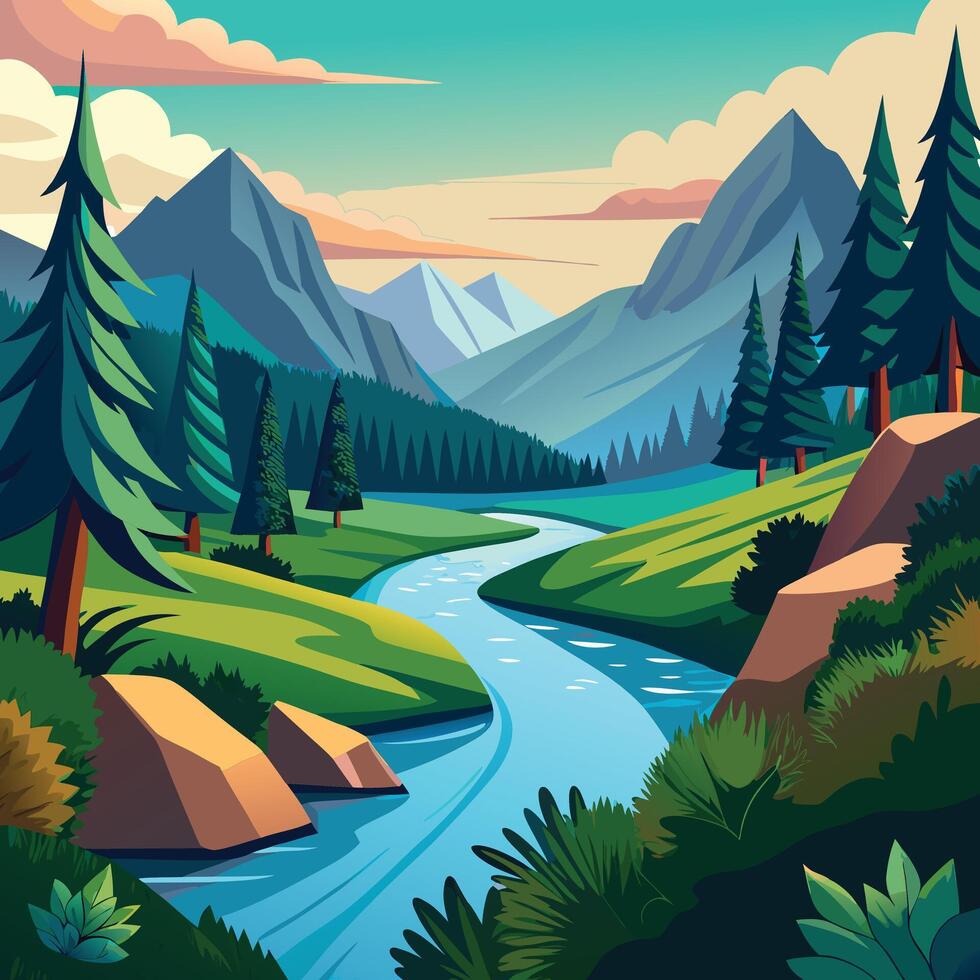 illustration of a mountain river with forest and mountains vector