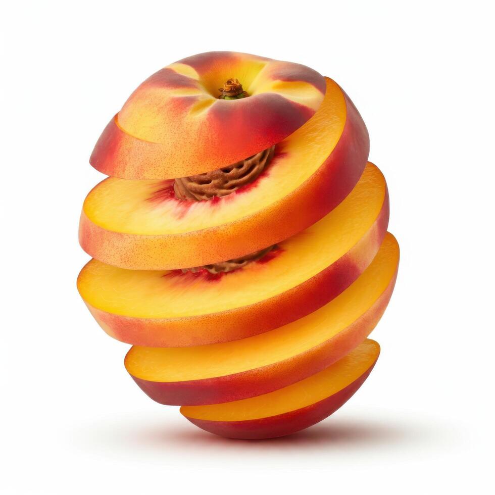 A white background displaying slices of fresh peach with a leaf. photo