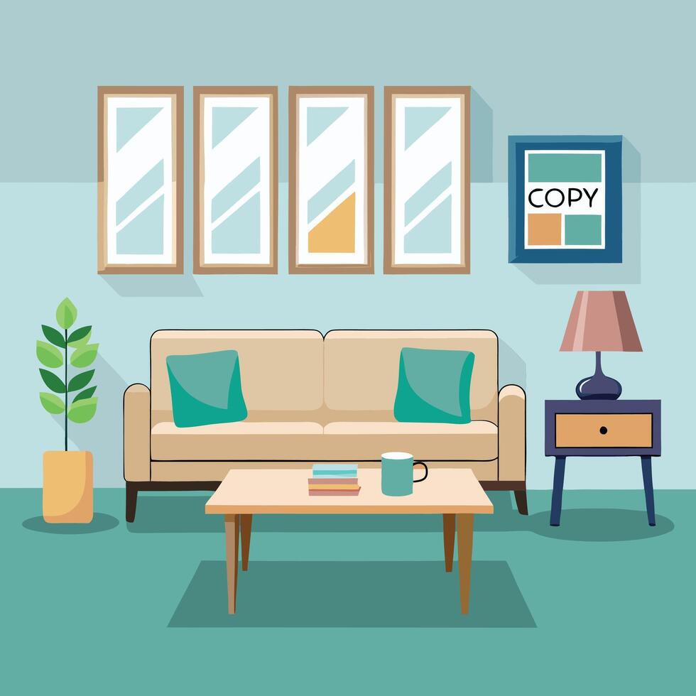 a living room with a couch, coffee table and lamp vector