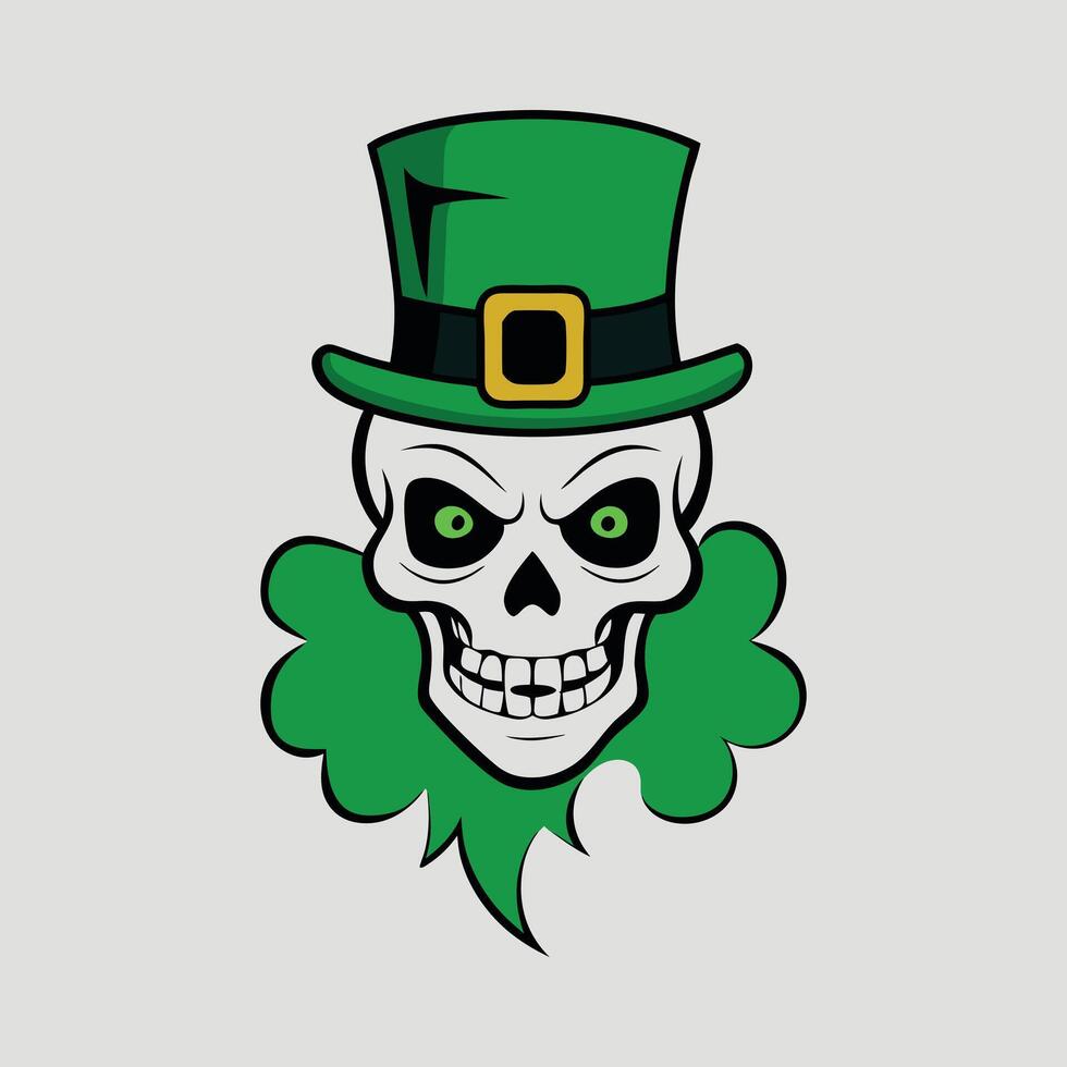 a skull wearing a green hat and a shamrock white background vector