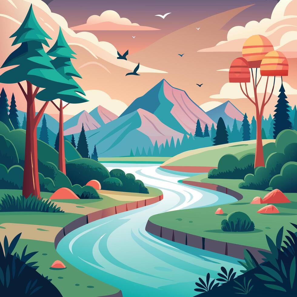 illustration of a beautiful landscape with a river and trees vector