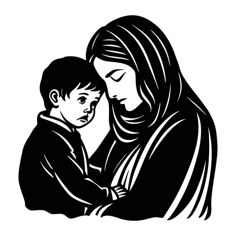 a black and white illustration of a mother and child vector