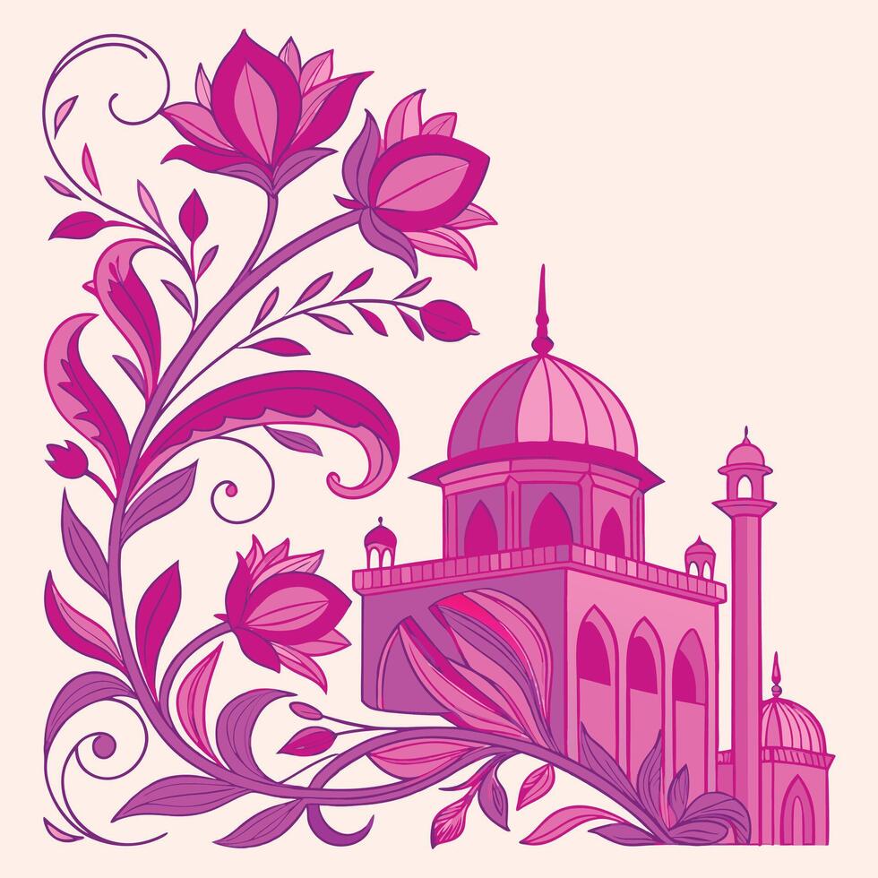 an illustration of a mosque with pink flowers vector