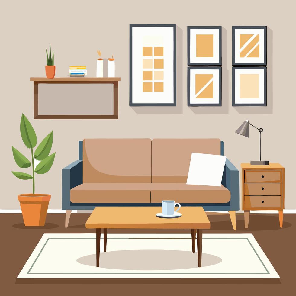 a living room with a couch, coffee table, and pictures vector